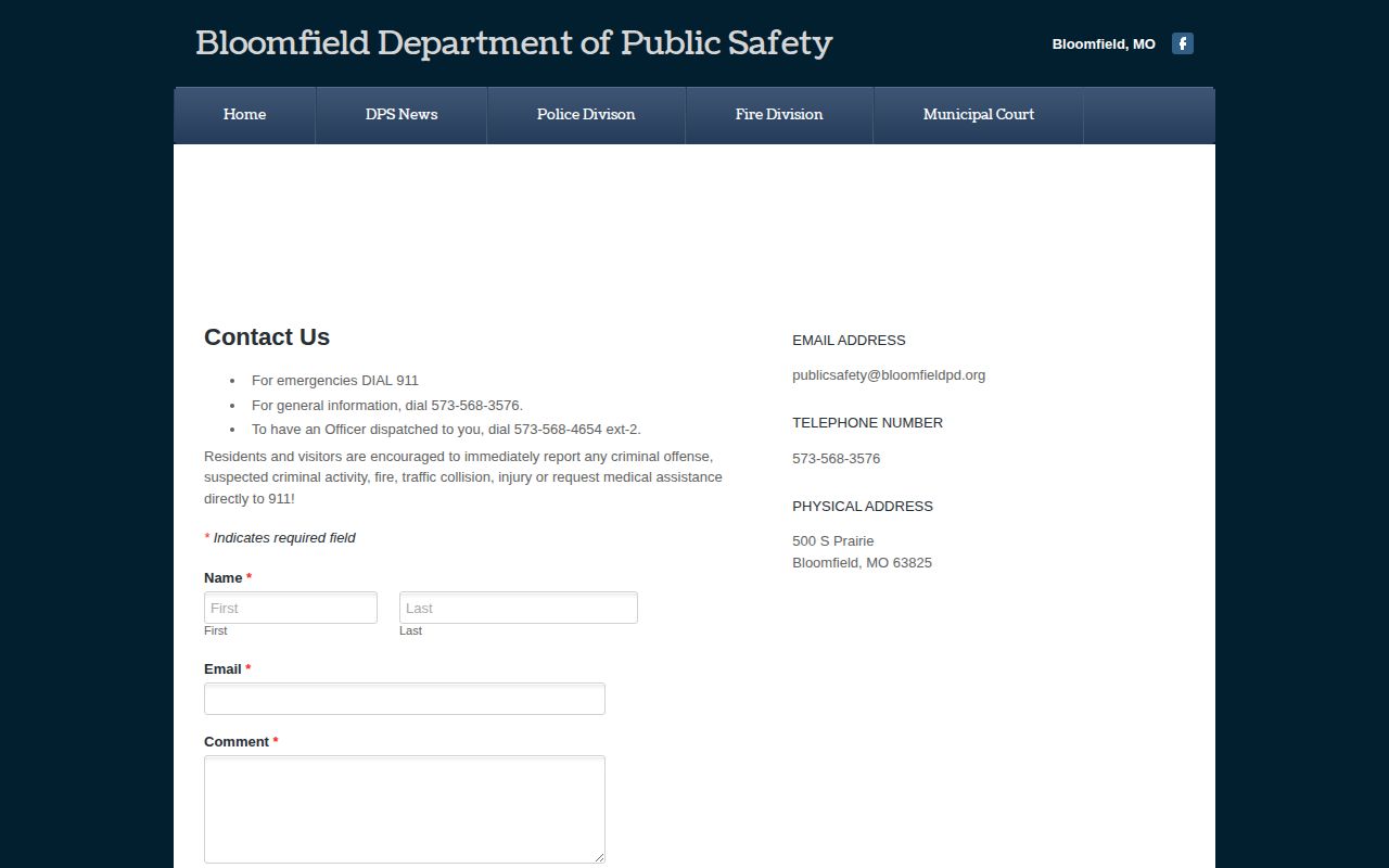 Bloomfield Department of Public Safety arrest-record contact page