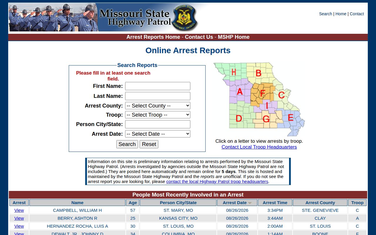 Stoddard County arrest record search interface for Missouri State Highway Patrol